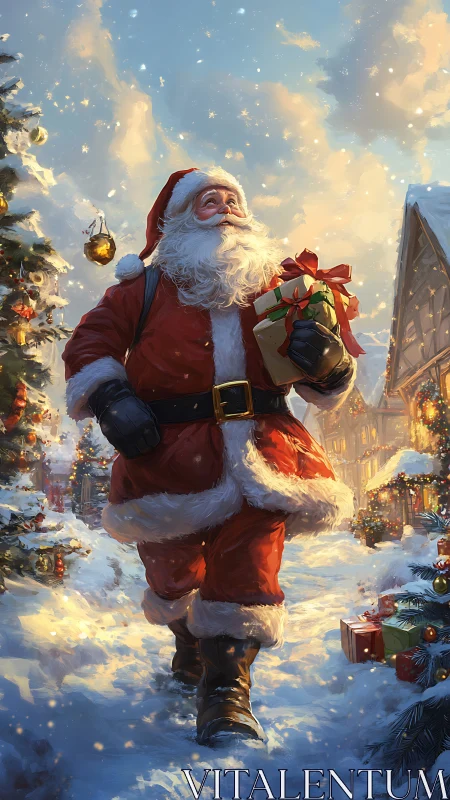 Santa figure walking through decorated snowy village street.