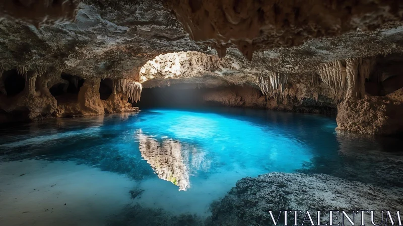 Sunlit underground pool illuminates rugged limestone cave