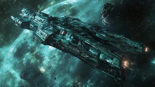 Interstellar capital warship in turquoise nebular orbit field.