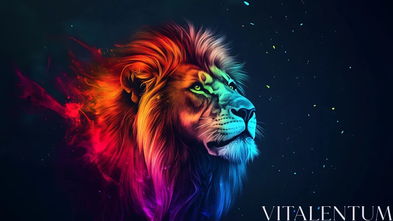 Neon lion portrait with blazing multicolor cosmic mane.