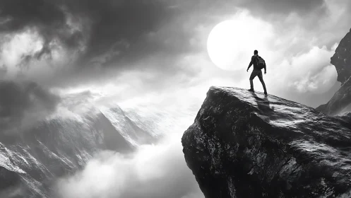 Lone climber surveys stormlit ridge under harsh white sun.