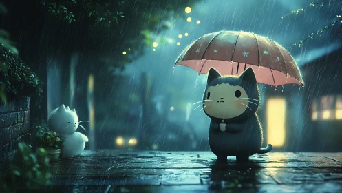 Anthropomorphic Feline Characters Under Precipitation with Luminous Bokeh Effects.
