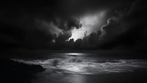 Storm-lit midnight surf under brooding cloud break.