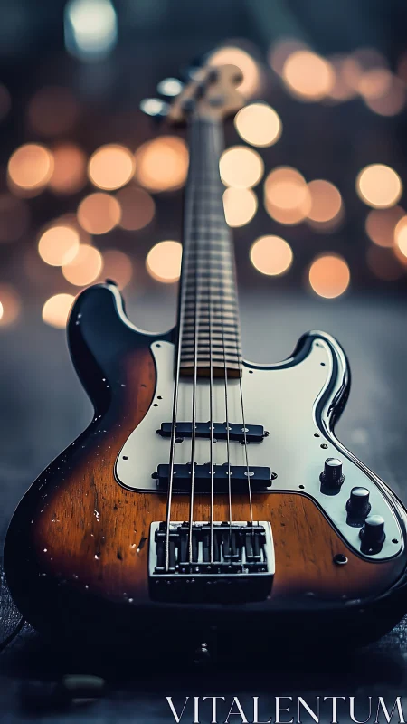 Sunburst electric bass with dreamy concert bokeh glow.