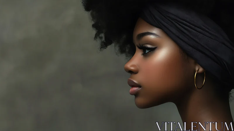 Elegant profile portrait of young woman with afro and gold hoop earring.