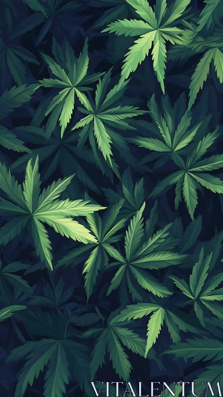 Midnight canopy of stylized cannabis leaves in quiet bloom.