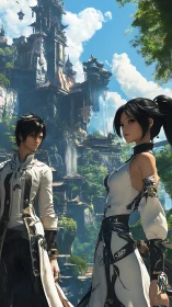 Anime warriors in ornate white armor before cliff city.