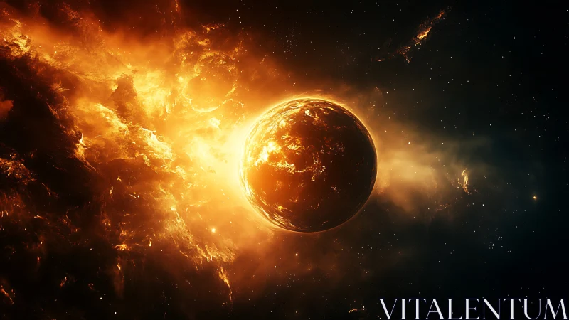 Burning planet surrounded by intense cosmic firestorm.