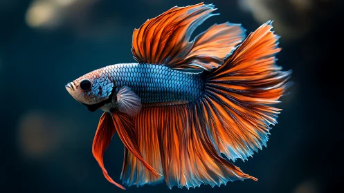 Betta fish displays vivid orange fins in dark water.