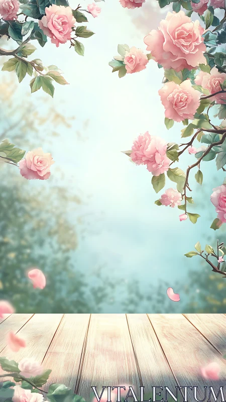Pink roses frame wooden deck overlooking misty landscape.