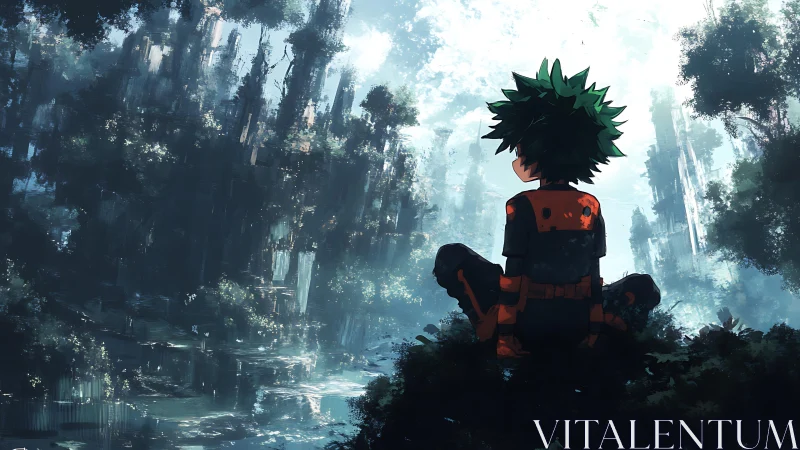 Green haired anime boy sits alone in misty forest valley.