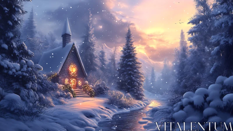 Snowy forest cottage glows beside winding winter stream.