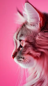 High-contrast feline portrait with saturated pink background and directional side lighting
