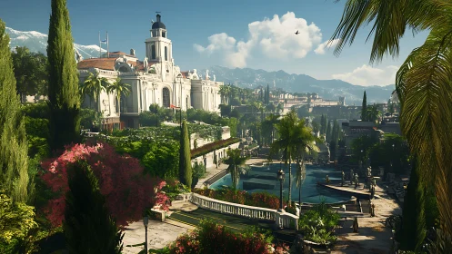 Sunlit Mediterranean estate overlooks ornate garden pools.