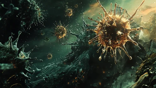 Microscopic viral particles in dense cellular environment.