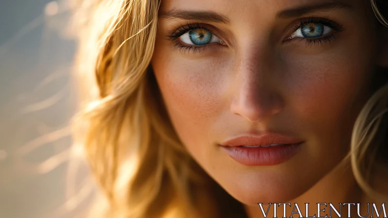 Sunlit blue-eyed gaze shimmering in warm golden quiet.