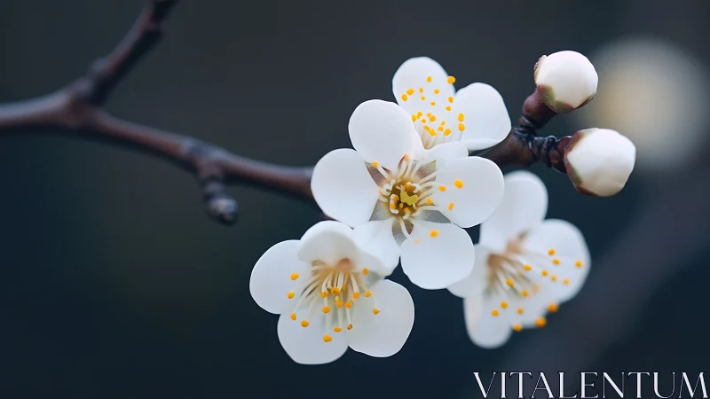 White Blossoms with Golden Stamens on Dark Branch