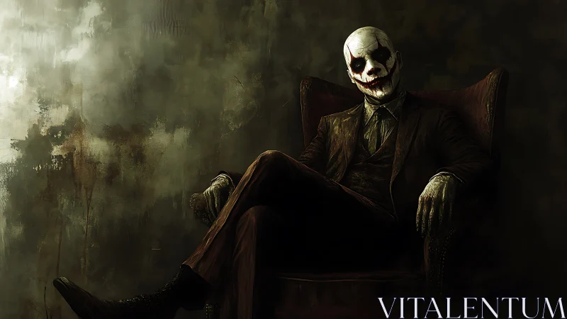 Seated masked figure in distressed suit against grunge wall