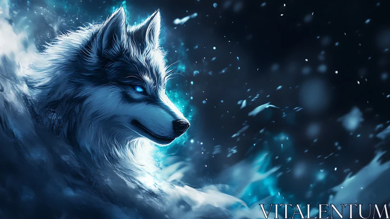 Icebound spirit wolf with glowing blue eyes in storm.