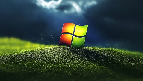 Windows-style quadrants logo on grassy terrain at dusk.