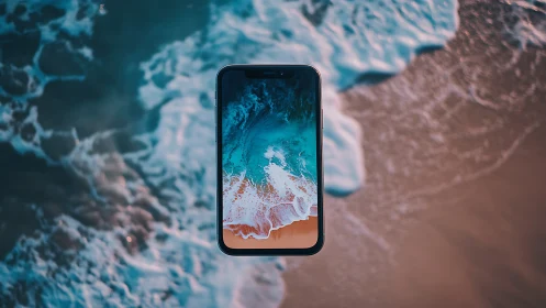 Smartphone hovering over shoreline with ocean waves background.
