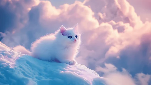 Ethereal White Feline Resting on Luminous Cloud Formation.