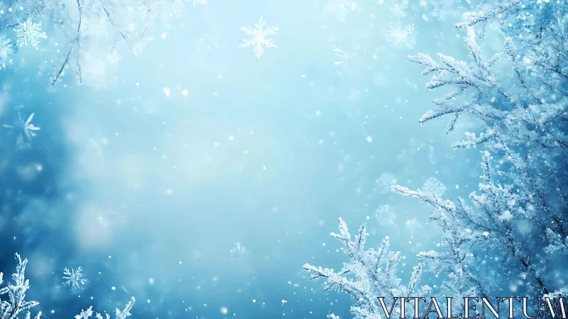 Glistening winter branches drift softly in a snowy blue haze