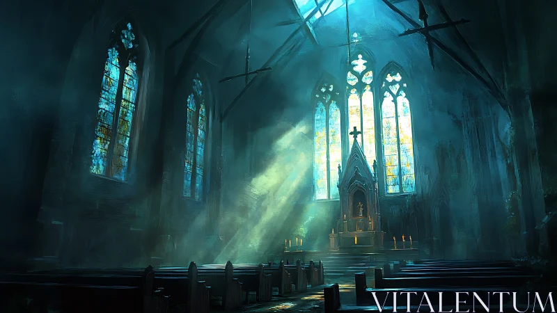 Gothic church interior with altar and stained glass windows.