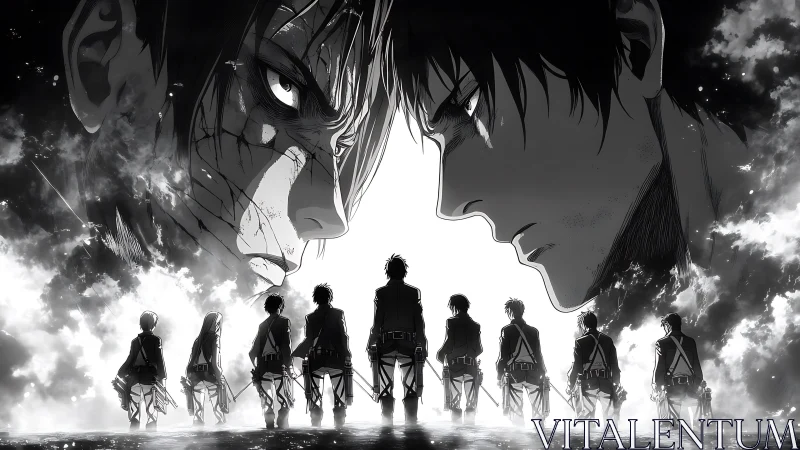 Monochrome anime battle tableau with mirrored character faces.