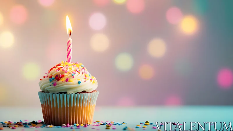 Single Lit Birthday Cupcake with Colorful Sprinkles and Blurred Background