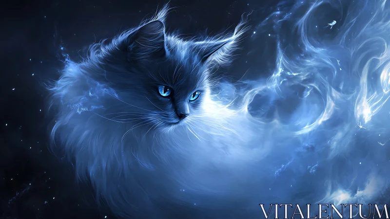Cosmic Cat with Glowing Eyes in Ethereal Blue Light.