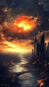 Fiery urban sunset river under a dramatic burning sky.