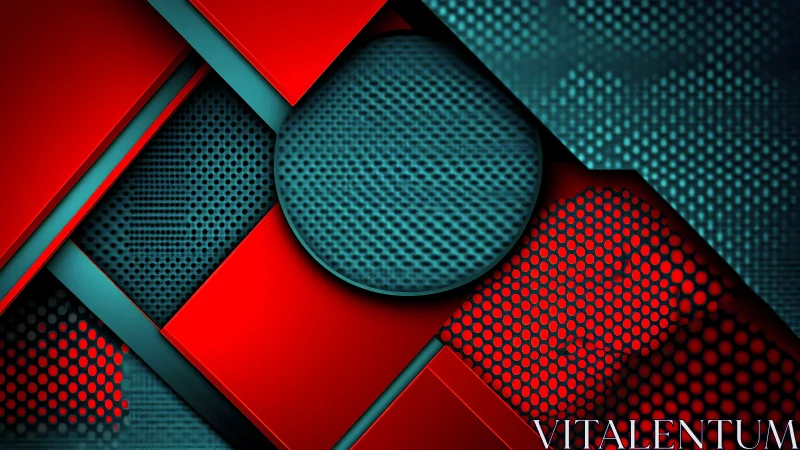 Geometric red panels with teal perforated tech surfaces.