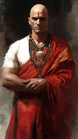 Bald monk in red robes with prayer beads, painted portrait.