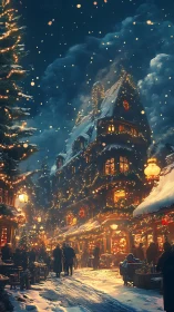Snowy Christmas street glows with lanterns and festive warmth