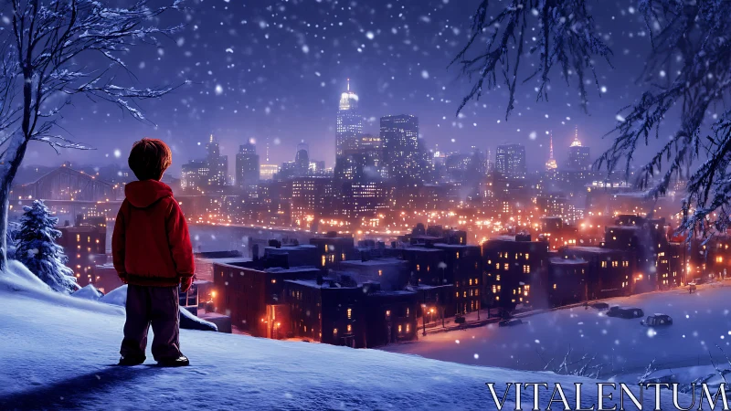 Child on snowy hill overlooking illuminated winter city.