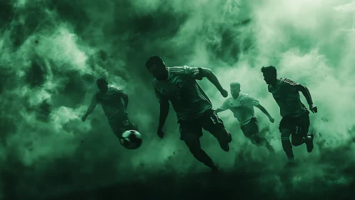 Soccer players move through dense green-tinted atmospheric haze