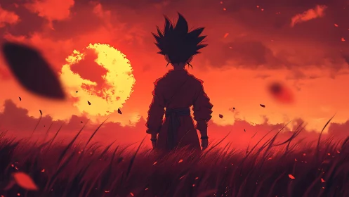 Spiky-haired warrior studies burning sunset over crimson field.