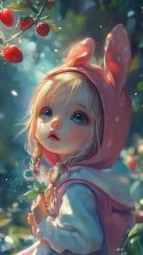 Child in pink hood gazes toward glowing garden berries.