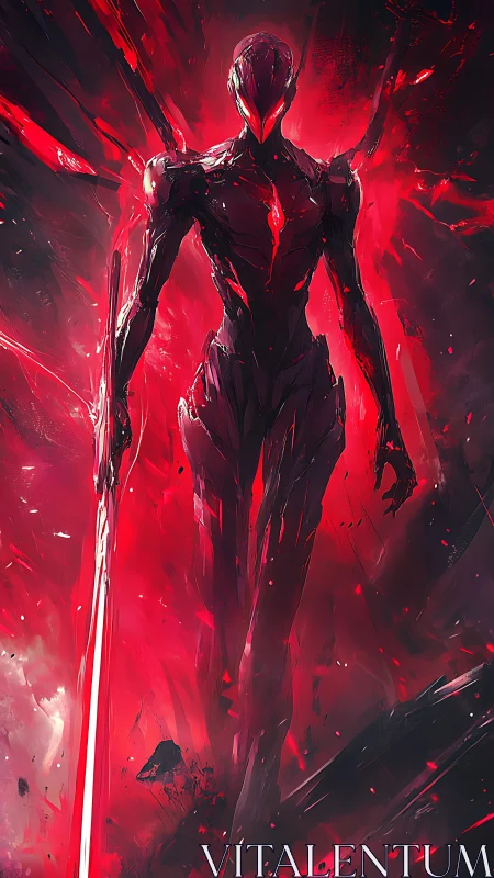 Red cybernetic warrior in abstract digital blaze.