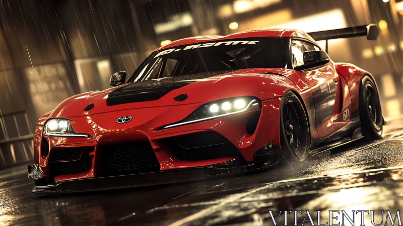 Red tuned Toyota Supra race car stands in wet night street