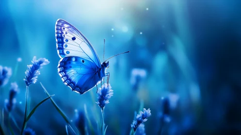 Gentle blue butterfly rests in a dreamy twilight meadow