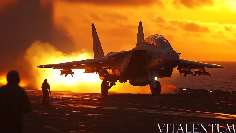 Sunlit fighter jet prepares for launch on glowing sea deck.