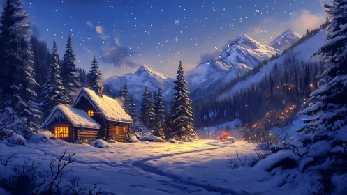 Snowlit alpine cabin rendered in warm cinematic digital painting