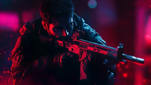 Tactical soldier aims rifle under neon red blue lighting