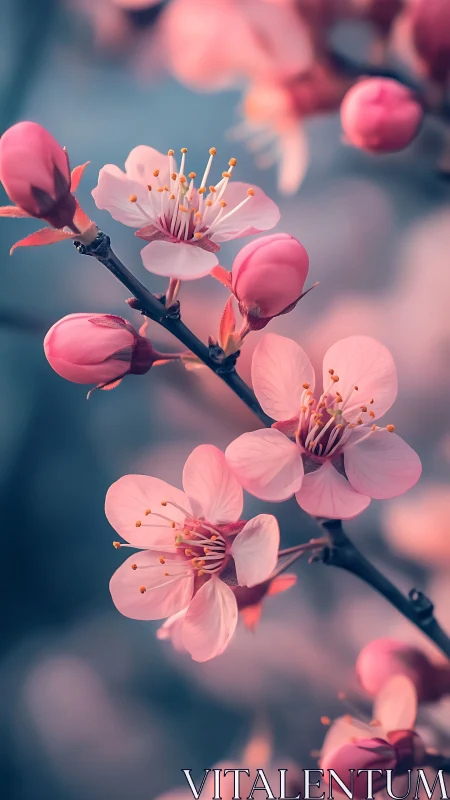 Pink Cherry Blossoms Blooming Against Blue Background.