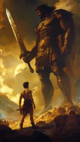 Colossal armored giant confronting lone warrior at sunrise