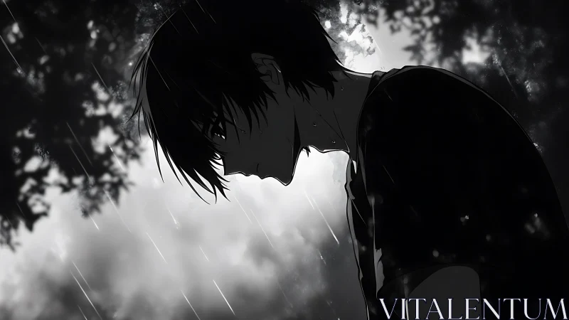 Backlit anime profile in high-contrast monochrome rainfall scene