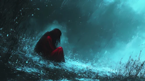 Digital painting of solitary figure in red amid icy storm.