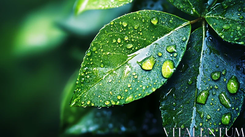 Rain-kissed green leaves shimmer in vivid natural close-up